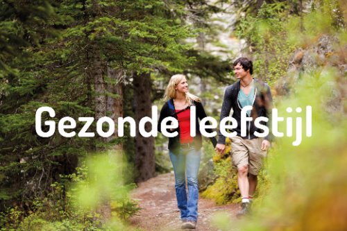 Foto van het bos met een man en vrouw die samen wandelen, met in het midden de tekst 'Gezonde Leefstijl